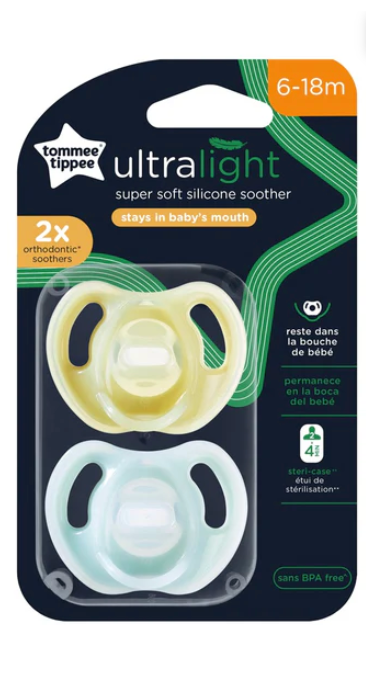 Tommee Tippee - Baby Ultralight StayPut Silicone Pacifier | Yellow & Blue | 6-18m | 2 Pack
