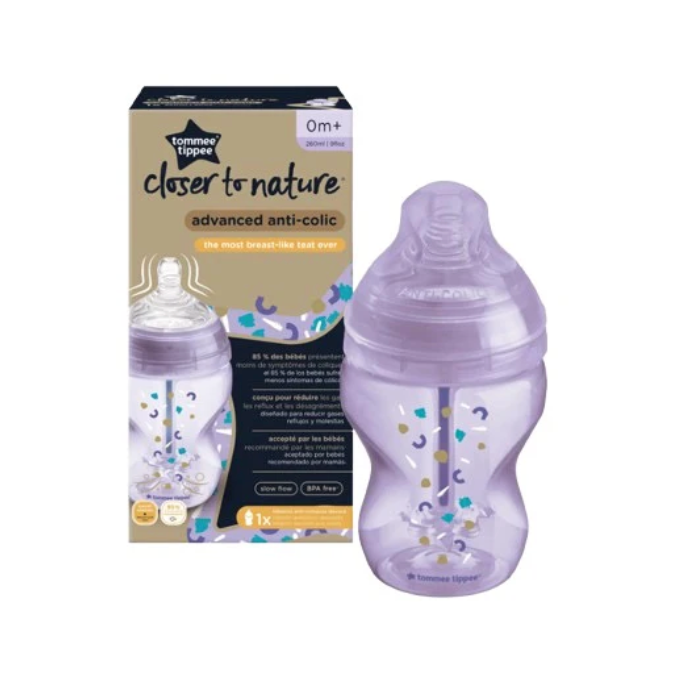 Tommee Tippee Advanced Anti Colic Decorated Bottle Heat Sensing, 260ml, Purple
