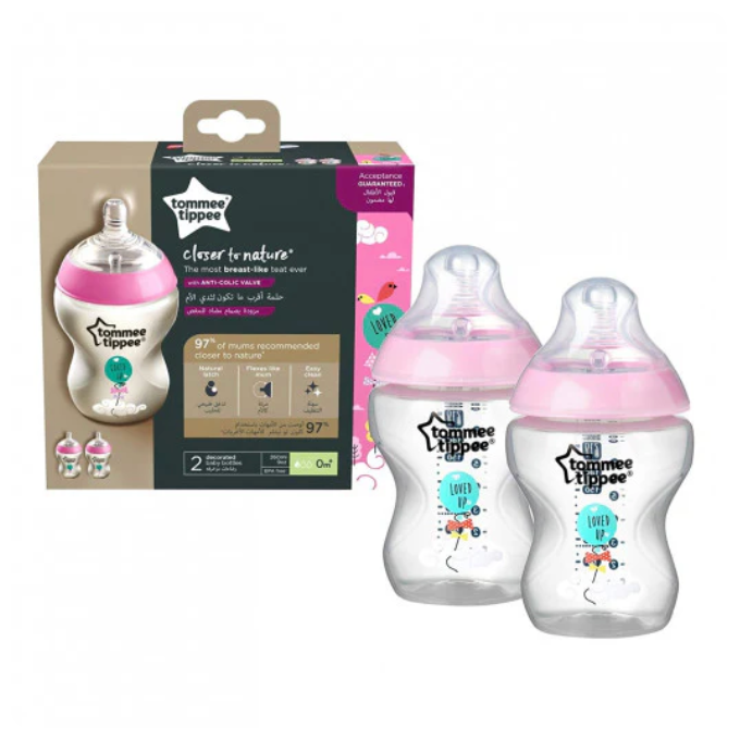 Tommee Tippee Closer to Nature Baby Bottle Decorated Pink, X2 Bottles, 260 ml