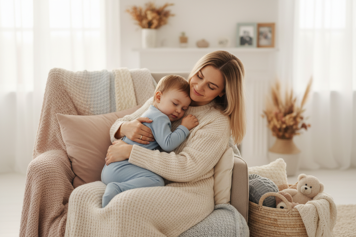 Soft and cozy mom and son